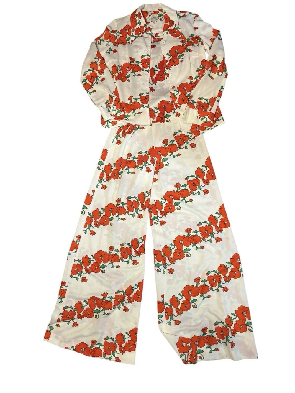 Vintage 60's Patty O'Neil Red Floral 3-Pc Flare Pants Pantsuit Jacket Top 11/13
